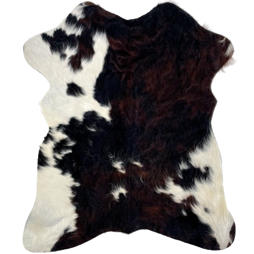 Dark Tricolor Mini Cowhide: has a mix of black and dark brown, and a few small and large, white spots - 2'8" x 2'3" (MINI254)