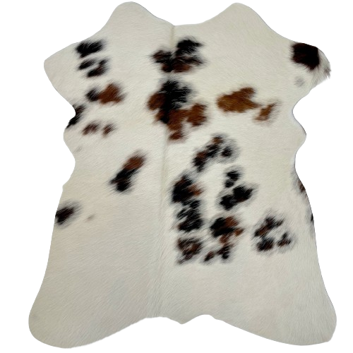 Tricolor Mini Cowhide: mostly white, with a few, cloudy spots that have a mix of brown and black - 2'8" x 2'3" (MINI263)