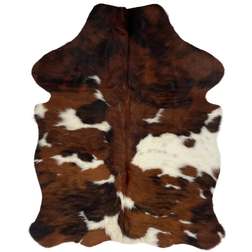 XS Tricolor Cowhide: has a brown and black, brindle pattern, with white spots, some having faint, black, speckles - 4'5" x 3'4" (XS227)