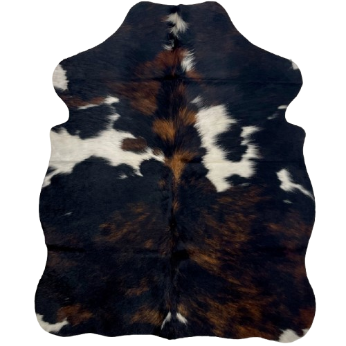 XS Tricolor Cowhide: has a mix of black and brown, and a few small and large, white spots - 4'4" x 3'4" (XS585)
