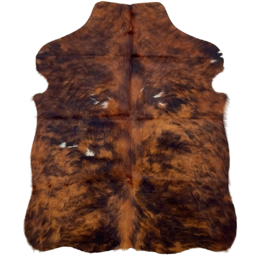 XS Red Brown and Black Cowhide: has long hair that is red brown and black with a few small, white spots - 4'5" x 3'5" (XS621)