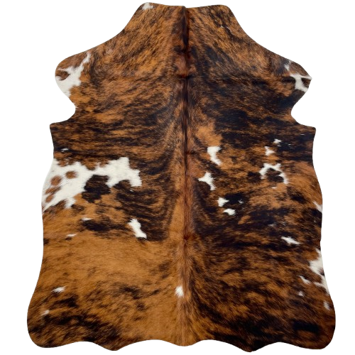 XS Tricolor Cowhide: has a brown and black, brindle pattern and small and large, white spots - 4'4" x 3'4" (XS627)