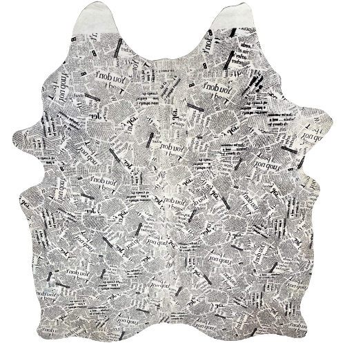 XL White Brazilian Cowhide with Newspaper Print - 8' x 6'4" (BRNP001)