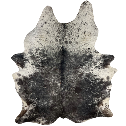 XXL Black and White Speckled Brazilian Cowhide: black with fine, white speckles over most of the hide, and white with black speckles on the shoulder, neck, and part of the belly - 8'6" x 6'5" (BRSP1733)
