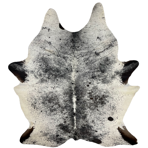 XXL Black and White Speckled Brazilian Cowhide, 1 brand mark: white with black speckles and spots, and off-white with back speckles on the belly and hind shanks, and one brand mark on the right side, along the bottom edge - 8'6" x 6'7" (BRSP1817)
