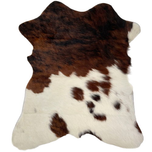 Tricolor Mini Cowhide: brown and black brindle pattern across the top half of the hide, and white with small, brown and black spots on the lower half - 2'8" x 2'3" (MINI176)