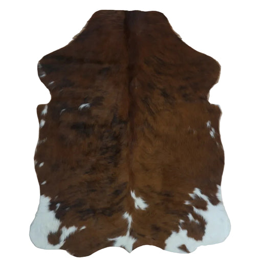 Tricolor cowhide rug, 4' x 3', shown on white background (SS-TRI-025)