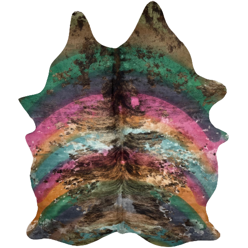 XL, Brown and Black, Brazilian, Brindle Cowhide with a Rainbow Acid Wash that has shades of green, pink, orange, and blue - 8'2" x 5'9" (BRAW403)