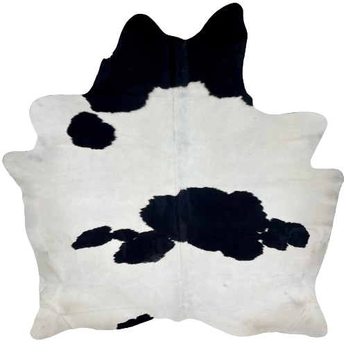 Large White and Black Brazilian Cowhide:   white with a few large, black spots -  7'6" x 6'6" (BRBKW254)