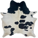 White and Black Brazilian Cowhide:  white with large and small, black spots that have hints of brown - 6'9" x 5'11" (BRBKW260)