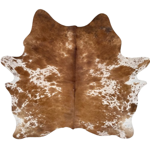 Brown and White Speckled Brazilian Cowhide: white with brown speckles and spots, and solid brown down the middle - 6'9" x 6'1 (BRBNW372)