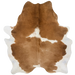 Brown and White Brazilian Cowhide: brown with a white spot in the middle, white on the belly, and longer hair down the middle of the shoulder and on the belly -  7'5" x 6'1"  (BRBNW393)