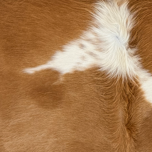 Closeup of this Brazilian Cowhide, showing brown with a white spot in the middle, and longer hair down the middle of the shoulder (BRBNW393)