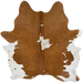 Brown and White Brazilian Cowhide:  brown with one white spot that has cloudy speckles, a few small, white spots, and white with brown speckles on the belly - 7'5" x 6'2"  (BRBNW394)