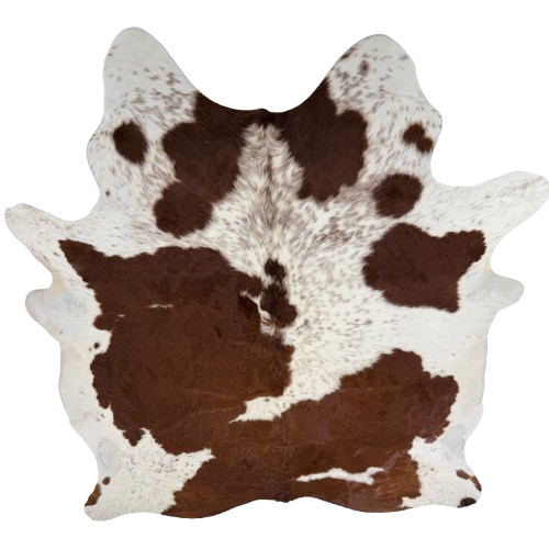 Large Dk Brown & Off-White Cloudy Speckled Brazilian Cowhide: has long hair that is white with cloudy, dark brown speckles, and large and small dark brown spots - 7'10" x 6'3" (BRBNW405)