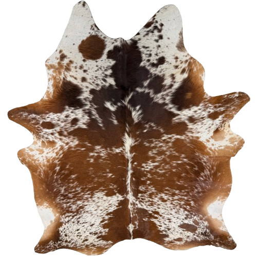 XL Brown and White Speckled Brazilian Cowhide: white with reddish brown and dark brown speckles and spots - 8'1" x 5'11" (BRBNW406)