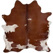 Dark Reddish Brown and White Brazilian Cowhide: dark reddish brown with white spots that have dark reddish brown speckles - 6'11" x 5'9" (BRBNW407)