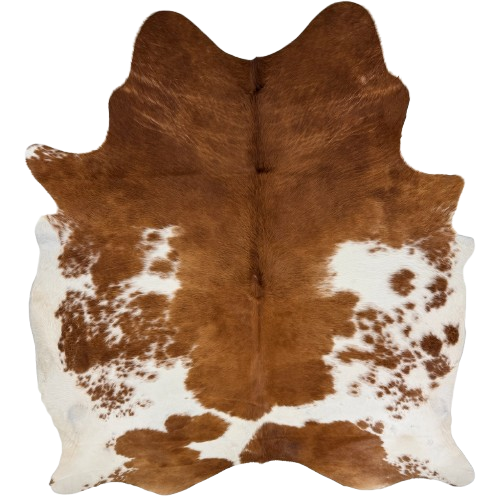 Large Reddish Brown and White Brazilian Cowhide: white with large and small, reddish brown spots - 7'7" x 5'11' (BRBNW409)