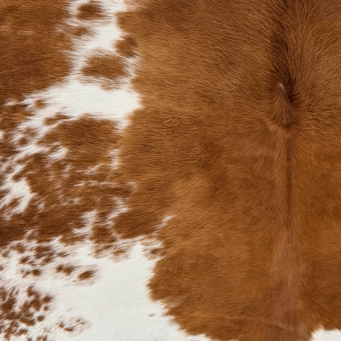 Closeup of this Large Brazilian Cowhide, showing white with large and small, reddish brown spots (BRBNW409)