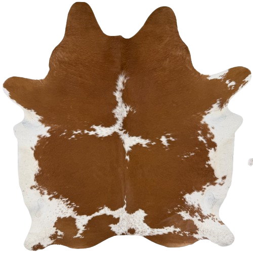 Brown and White Brazilian Cowhide:  brown with white spots, some having brown speckles, and white on the belly and hind shanks - 7'2" x 5'10" (BRBNW415)