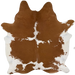Brown and White Brazilian Cowhide:  brown with white spots, some having brown speckles, and white on the belly and hind shanks - 7'2" x 5'10" (BRBNW415)