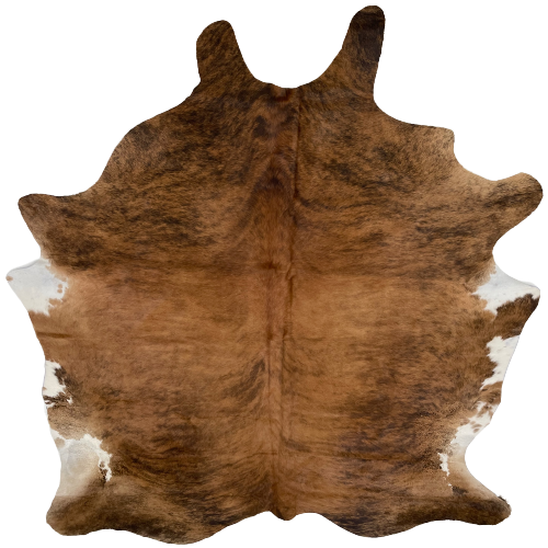 Large Brown and Black Brazilian Brindle Cowhide, with white spots on the belly - 7'8" x 6'5" (BRBR1023)