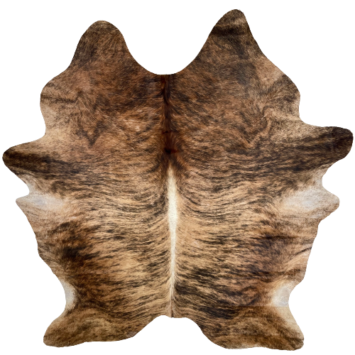 XL Brown, Tan, Black Brazilian Brindle Cowhide:  brown and tan, with black, brindle markings, and off-white down the spine - 8'4" x 6'10" (BRBR1045)