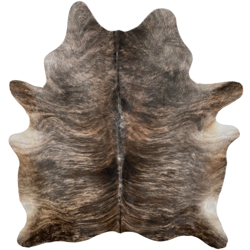 Brown and Gray Brazilian Brindle Cowhide:  dark brown, light tan, medium brown, and gray, with hints of taupe on the back and shoulder - 6'9" x 5'7" (BRBR1066)