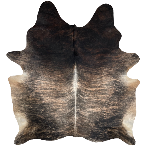Large Light Brown and Black Brazilian Brindle Cowhide:  light brown with black, brindle markings, white down part of the spine, with hints of gray on the back, and black with dark brown, brindle markings on the shoulder - 7'11" x 6'6" (BRBR1069)
