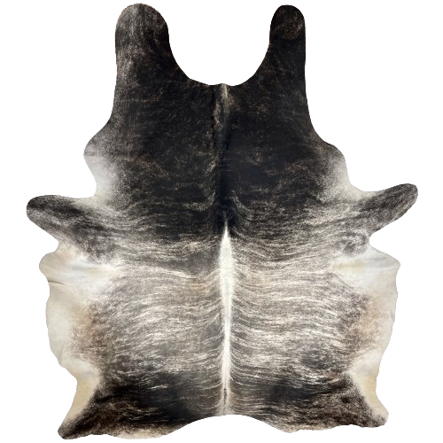 XXL White, Black, and Gray Brazilian Brindle Cowhide:  black, with off-white, on the shoulder and butt, and white, with gray, across the black, and it has white down the spine and off-white on the belly - 8'10" x x6'5" (BRBR1095)