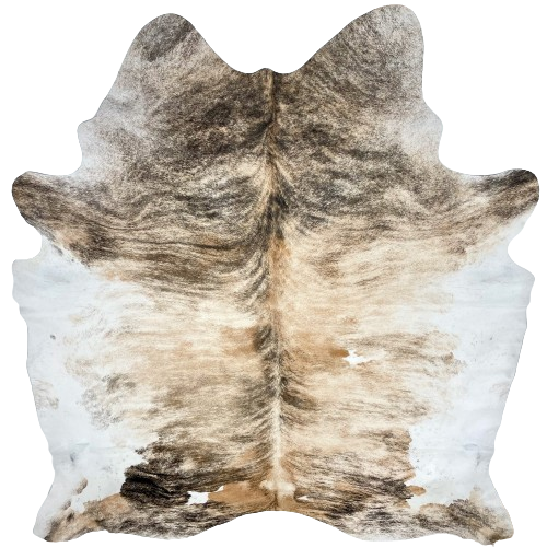 Large Light Brown, White, and Black Brazilian Brindle Cowhide:  light brown, with black, brindle markings, and it has white on the belly, and a couple small, white spots on the back and butt - 7'8" x 6'2" (BRBR1097)