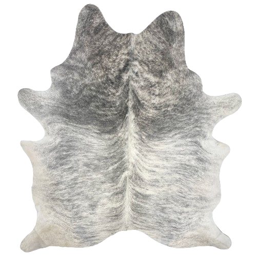 Gray and White Brazilian Brindle Cowhide:  white, with gray, brindle markings and it has darker gray brindle markings on the shoulder - 7'4" x 5'8" (BRBR1101)