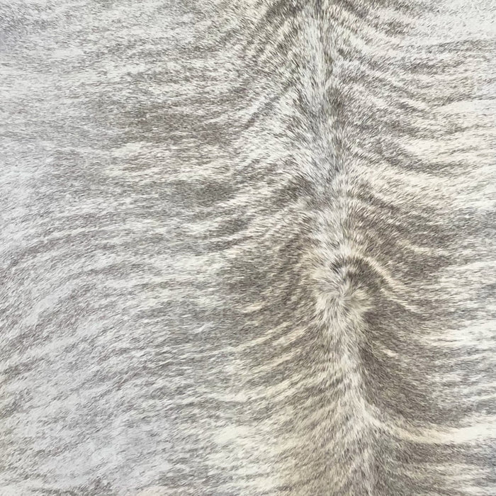 Closeup of this Brazilian Brindle Cowhide, showing white, with gray, brindle markings (BRBR1102)