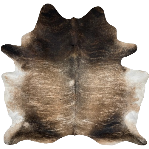 Brown and Black Brazilian Brindle Cowhide:  brown on the back, with light tan, brindle markings and hints of gray down the spine, and it has black, with brown and tan, brindle markings on the shoulder, butt, and shanks - 7'5" x 6'8" (BRBR1104)