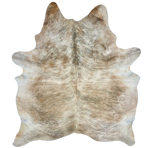 Large Off-White, Brown, Gray Brazilian Brindle Cowhide, 1 brand mark:  off-white and light reddish brown, with gray, brindle markings, and it has one brand mark on the right side of the butt - 7'7" x 6'3" (BRBR1106)