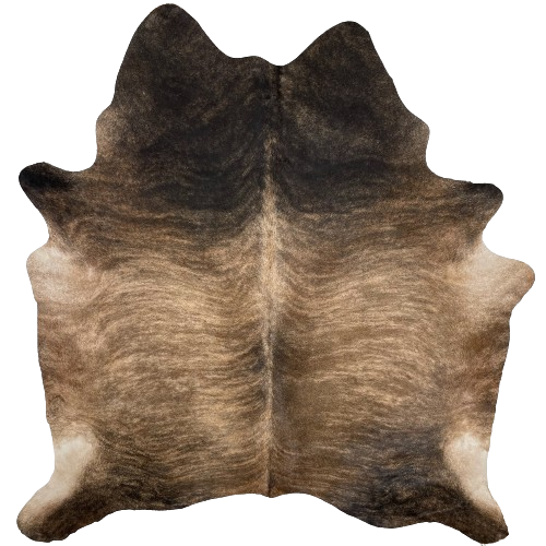 Tan, Brown, Black Brazilian Brindle Cowhide:  tan, with brown, brindle markings on the back and belly, and it has black, with brown, brindle markings on the shoulder, butt, and shanks - 7'1" x 6'2" (BRBR1135)
