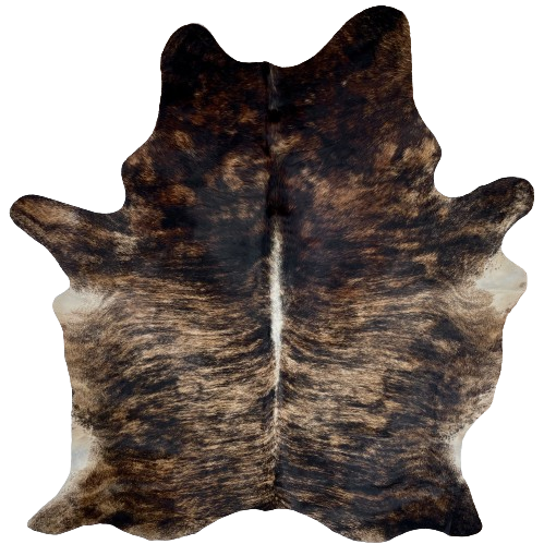 XL Brown, Black, Tan Brazilian Brindle Cowhide:  brown and tan with black, brindle markings, and it has white down part of the spine - 8'4" x 6'2" (BRBR1163)