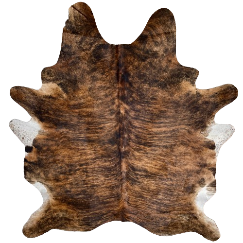 Large Brown and Black Brazilian Brindle Cowhide:   brown with black, brindle markings, and it has white on part of the belly - 7'11" x 6'6" (BRBR1164)