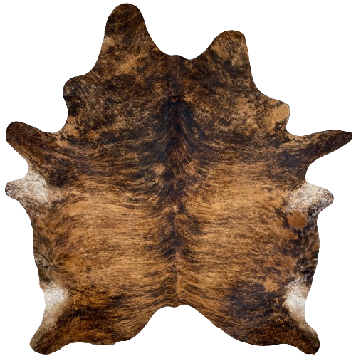 Large Brown and Black Brazilian Brindle Cowhide:  brown with black, brindle markings, and it has some white speckles on the belly - 7'10" x 6'6" (BRBR1167)