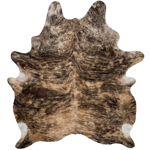 Large Brown and Black Brazilian Brindle Cowhide:  brown and tan, with black, brindle markings and black spots, and it has some off-white mixed in on the shoulder - 7'6" x 6'3" (BRBR1168)