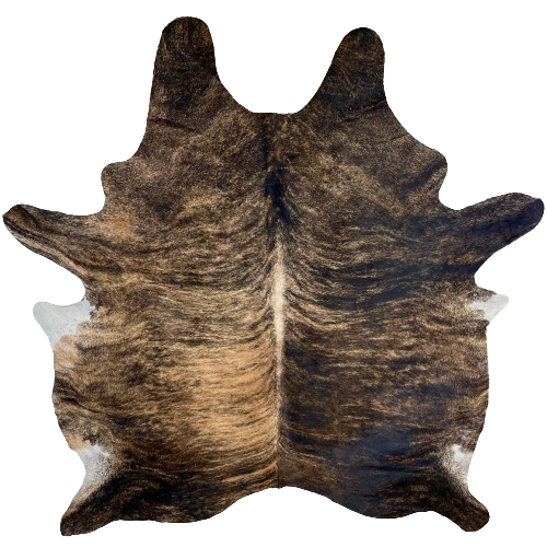 XL Tan and Black Brazilian Brindle Cowhide:  black with tan, brindle markings on most the hide, and it has tan, with black, brindle markings on the left side of the back, and off-white down part of the spine - 8'2" x 6'10" (BRBR1173)
