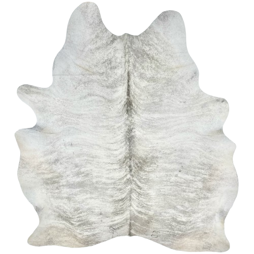 White and Gray Brazilian Lt Brindle Cowhide, 4 brand marks: white with gray, brindle markings, and it has one brand mark on both sides of the butt and one on each hind shank - 7'1" x 6'1" (BRBR1284)