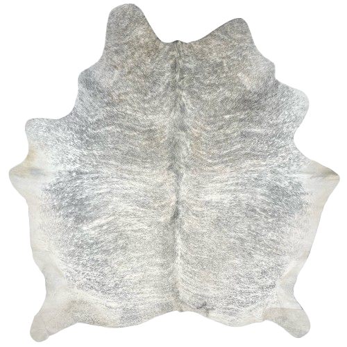 White and Gray Brazilian Lt Brindle Cowhide, 1 brand mark: white with gray brindle markings, and one brand mark on the right side of the butt - 7' x 6'3" (BRBR1285)