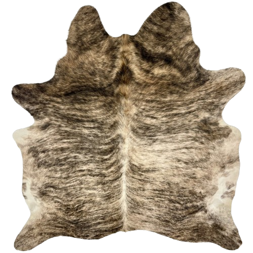 Off-White and Black Brazilian Light Brindle Cowhide: off-white with black, brindle markings, and brown mixed in on the shoulder - 6'8" x 5'9" (BRBR1294)