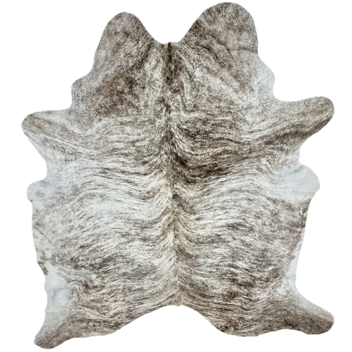 White and Dark Brown Light Brindle Cowhide, 1 brand mark: white with dark brown, brindle markings, and one brand mark on the left side of the butt - 7'1" x 5'5" (BRBR1296)