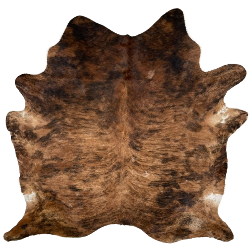 Brown, Reddish Brown, Black Brazilian Spotted Brindle Cowhide: brown and reddish brown, with darker brown and black, brindle markings, and black spots - 7'3" x 6'4" (BRBR1315)