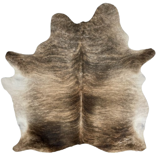 Tan, Brown, and Taupe Brazilian Brindle Cowhide, 3 brand marks: light tan and brown, with brown and taupe, brindle markings, and it has 3 brand marks on the right side of the butt - 6'11" x 5'10" (BRBR1318)