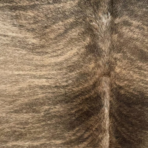 Closeup of this Brazilian Brindle Cowhide, showing light tan and brown, with brown and taupe, brindle markings (BRBR1318)