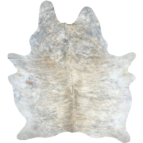 XL White, Lt Tan, Gray Brazilian Light Brindle Cowhide: white and light tan with gray, brindle markings, and two brand marks on the left side of the butt - 8'4" x 6'8" (BRBR1333)