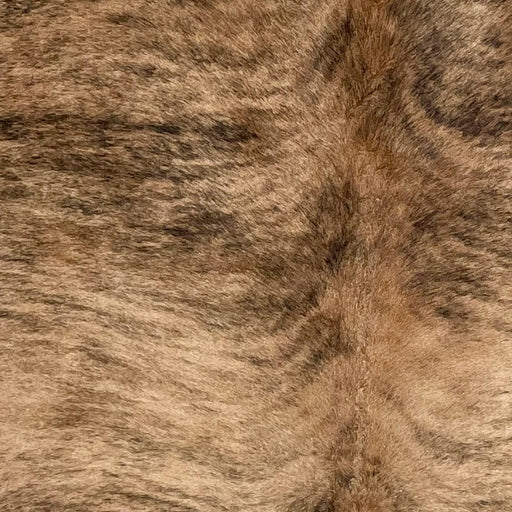Closeup of this Brazilian Brindle Cowhide, showing tan and brown with black, brindle markings (BRBR1480)